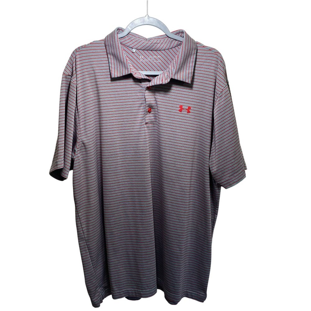 Under‎ Armour Heatgear Striped Sport Golf Polo Shirt Men 2XL Gray Short Sleeve